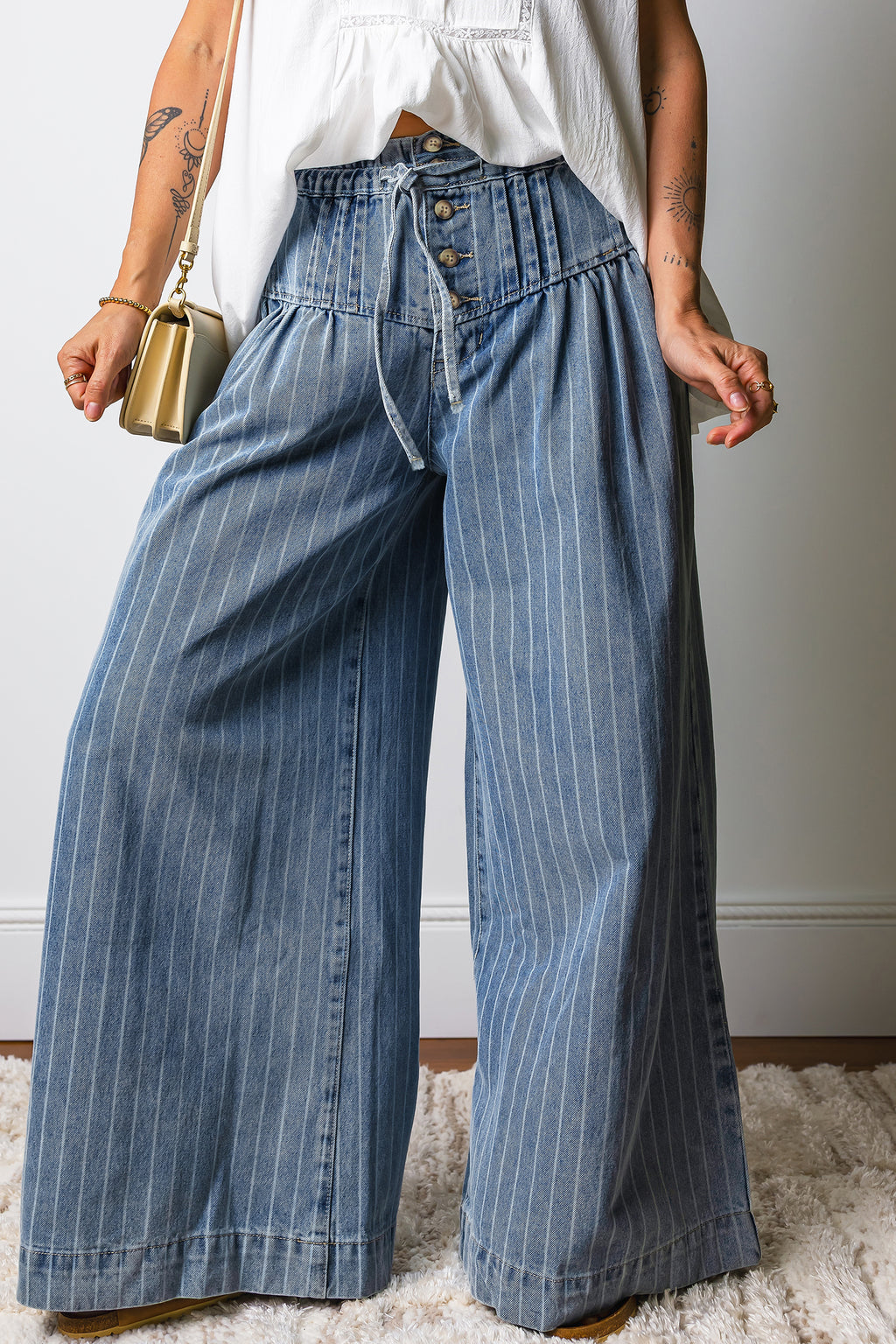 Sky Blue Stripe Wide Leg Jeans | Drawstring Waist & Pleated Detail
