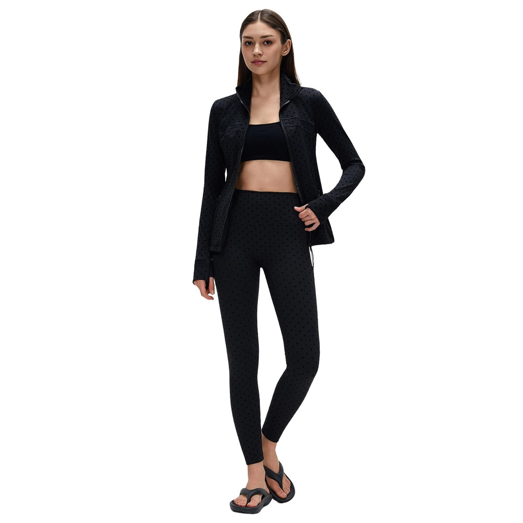 Black Polka-Dot Yoga Leggings And Stand-Up Collar Jacket A Slimming, Figure-Hugging Sportswear Set