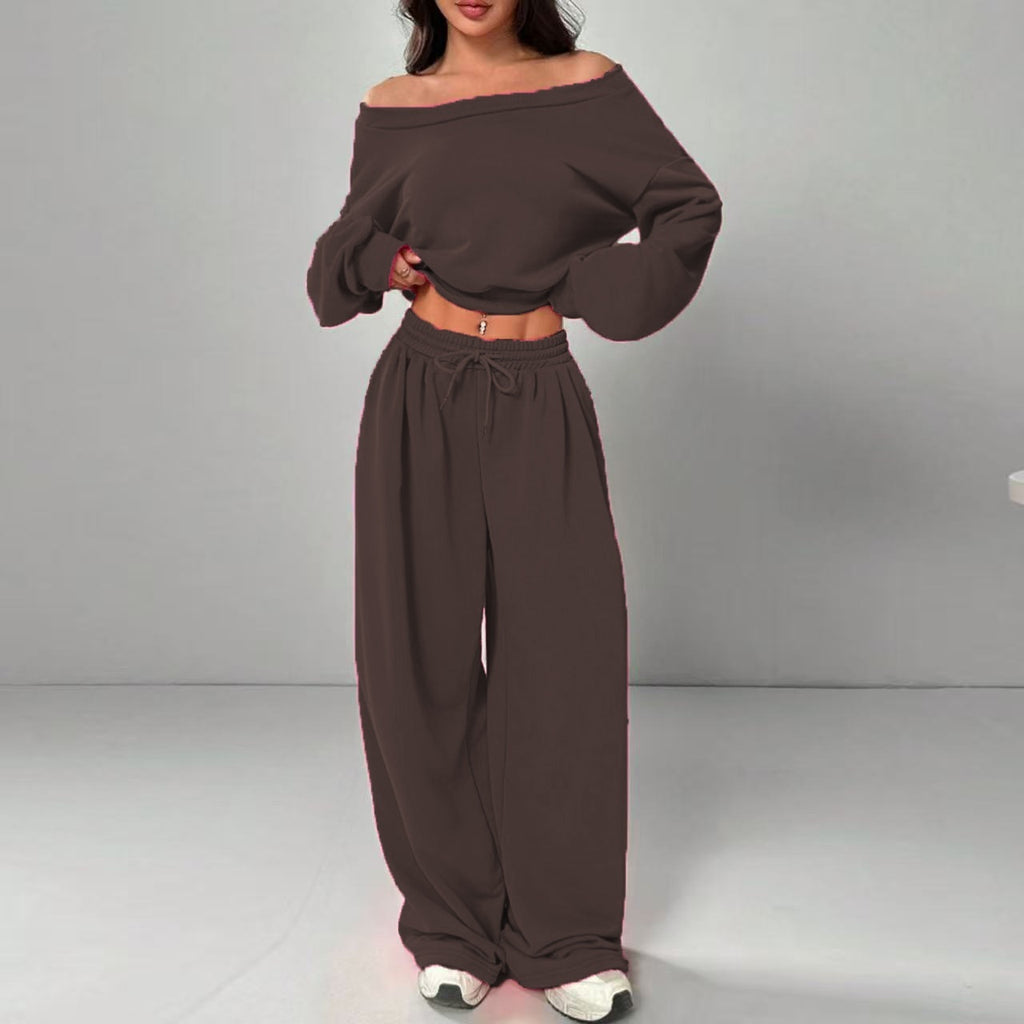 Women's Fashion Slim-fit Off-the-shoulder Navel Solid Color Casual Pants Suit