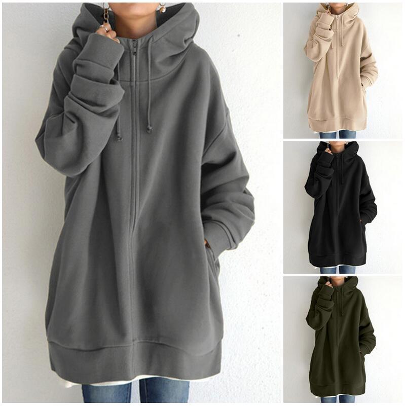 New Stylish Streetwear Long Fleece-lined Hoodie With A Zipper And Hood