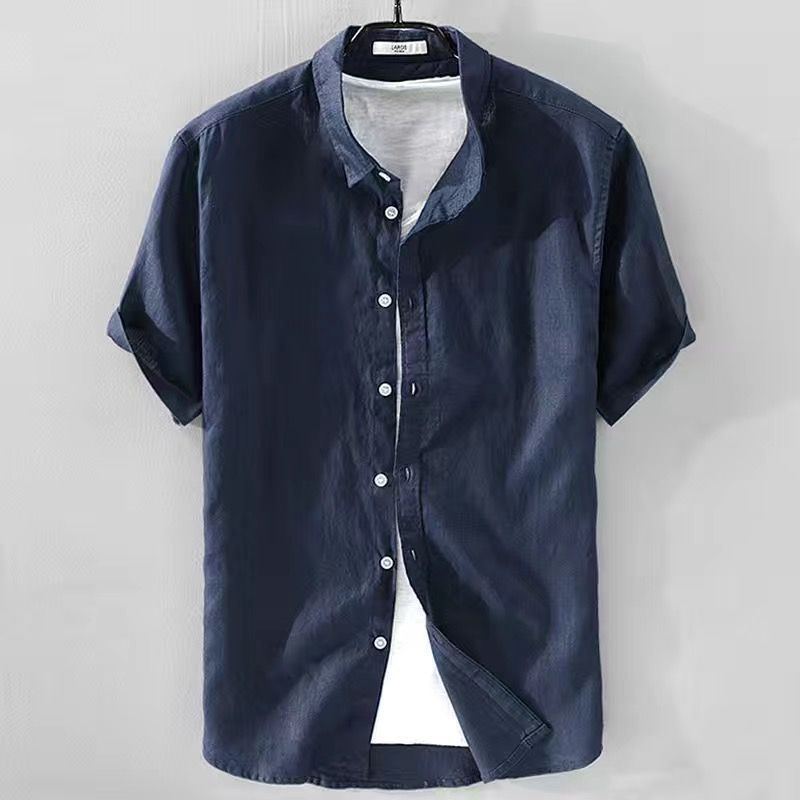 Japanese Linen Shirt Men Up-to-neck