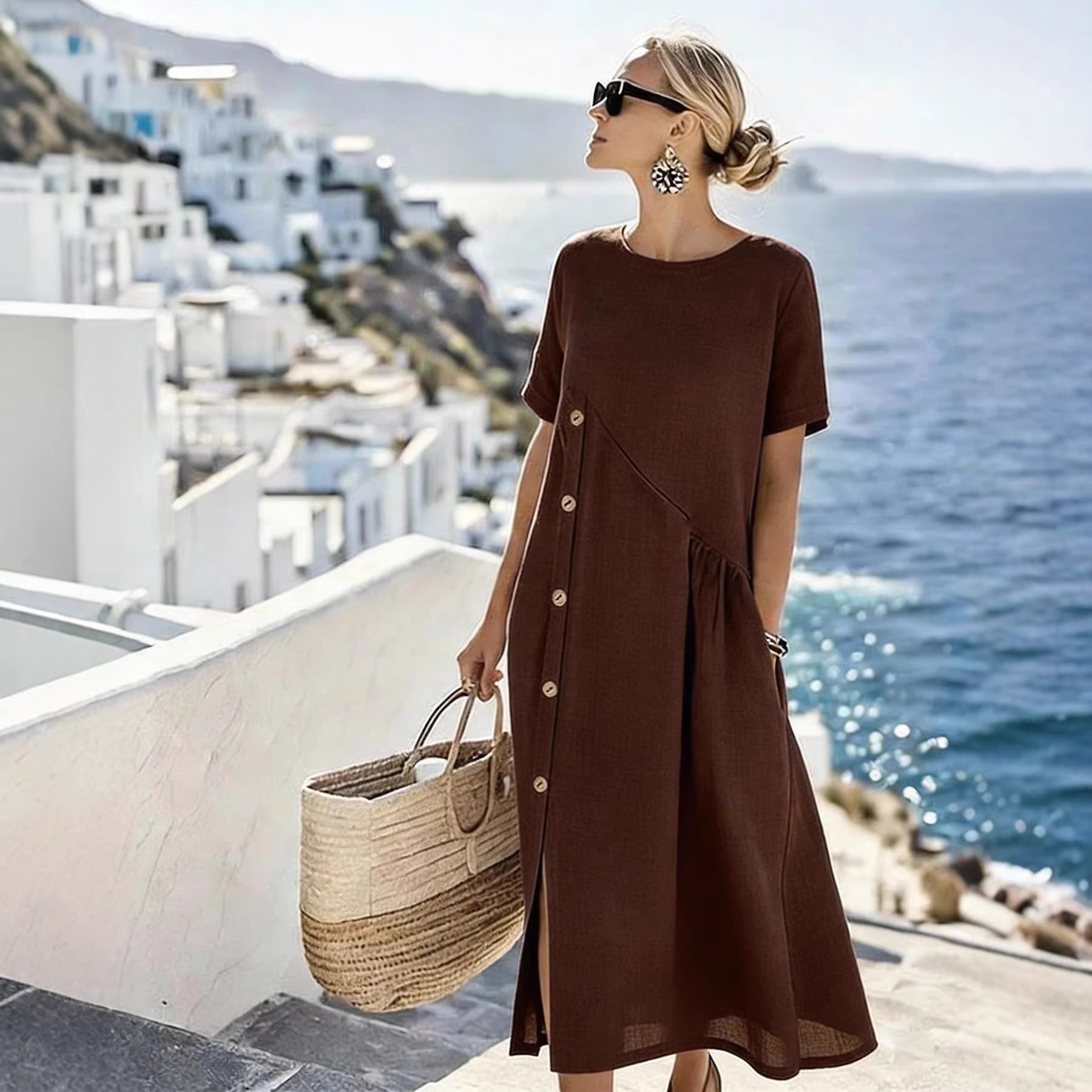 Button-embellished Pleated-pocket Mid-length Dress