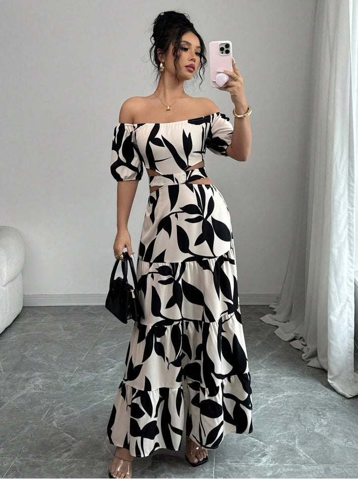 Off-shoulder Sexy Hollow-out Dress Printed Bodycon Dress That Flatters Your Figure And Shows Off Your Waist