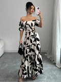 Off-shoulder Sexy Hollow-out Dress Printed Bodycon Dress That Flatters Your Figure And Shows Off Your Waist