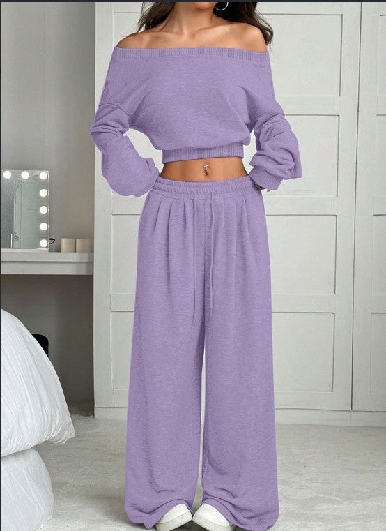 Women's Fashion Slim-fit Off-the-shoulder Navel Solid Color Casual Pants Suit