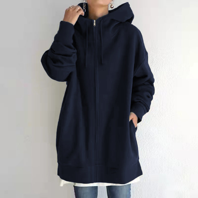 New Stylish Streetwear Long Fleece-lined Hoodie With A Zipper And Hood