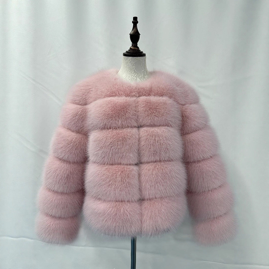 Faux Fox-fur Patchwork Winter Coat With Long Sleeves For Extra Warmth And Insulation