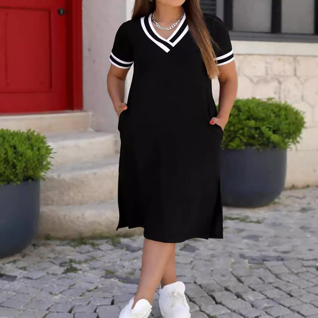 Fashionable Loose Simple V-Neck Short-Sleeve Split Dress