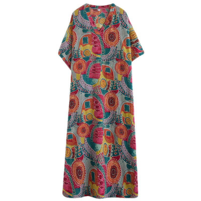 V-neck Loose-fit Bohemian-style Beach Dress With A Retro Vacation Vibe