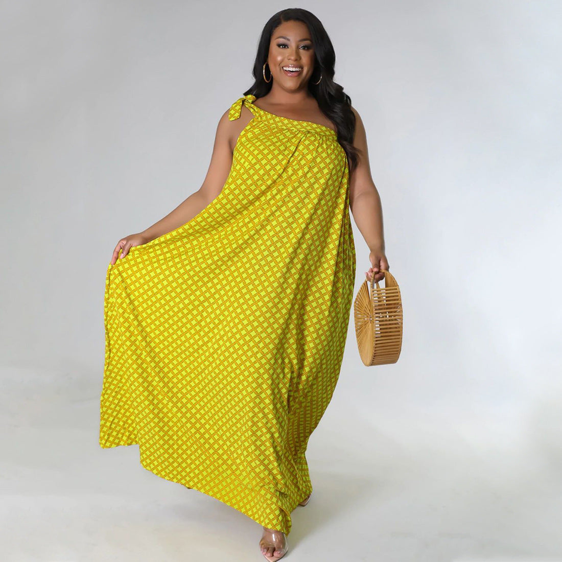 Plus-size Women's Sexy Backless Solid-color Printed One-shoulder Halter Dress