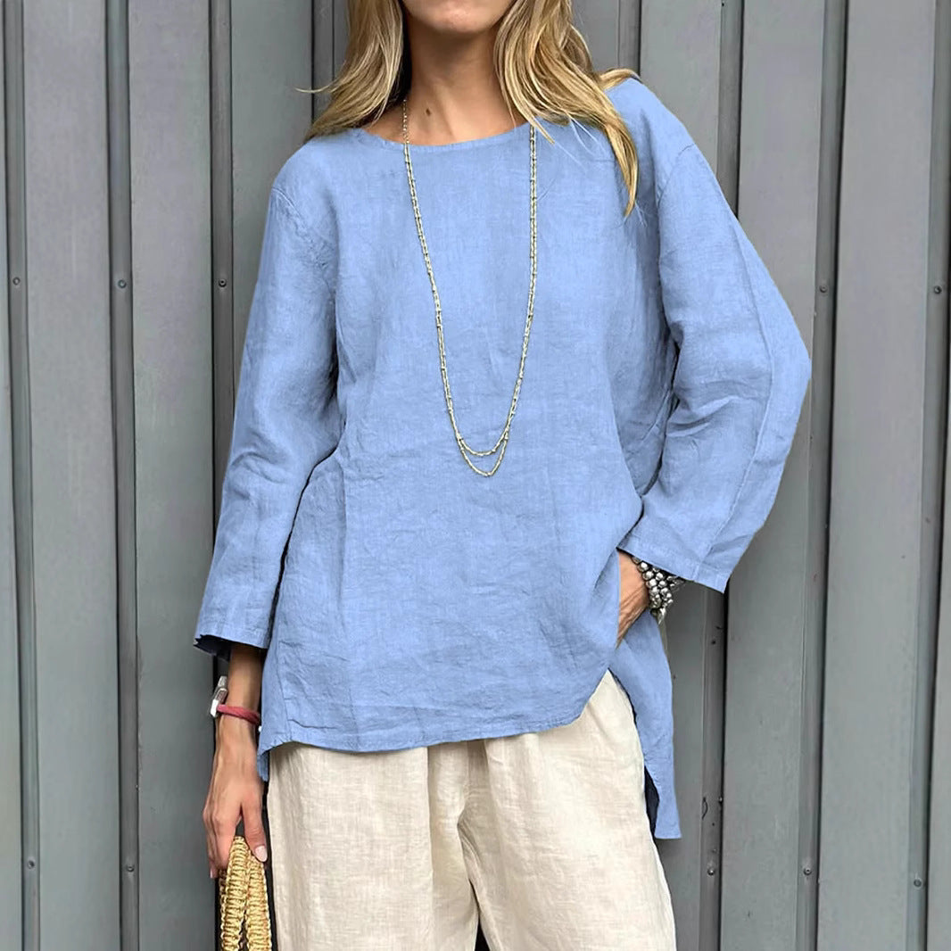 Vintage Cotton-Linen Crew-Neck Long-Sleeve Fashion Blouse For Women