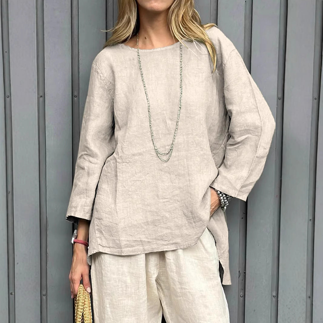Vintage Cotton-Linen Crew-Neck Long-Sleeve Fashion Blouse For Women