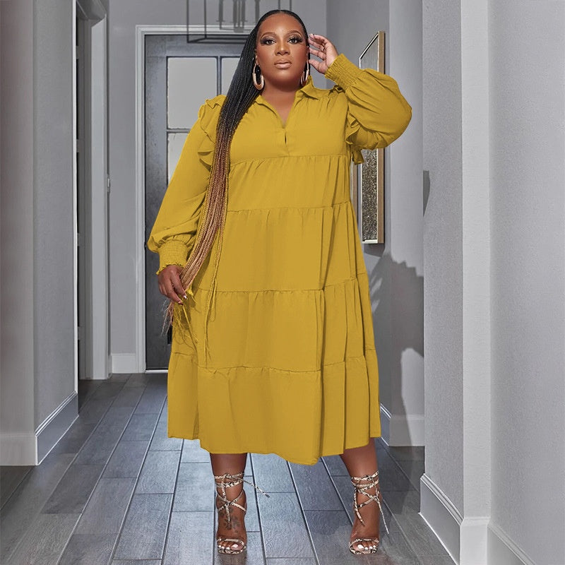 Women's Fashion Ruffle-Shoulder Long-Sleeve Layered Dress