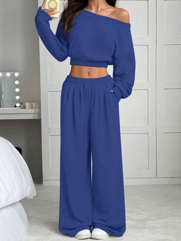Women's Fashion Slim-fit Off-the-shoulder Navel Solid Color Casual Pants Suit