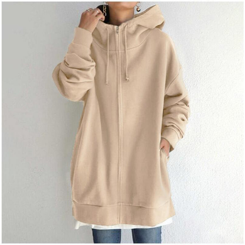 New Stylish Streetwear Long Fleece-lined Hoodie With A Zipper And Hood