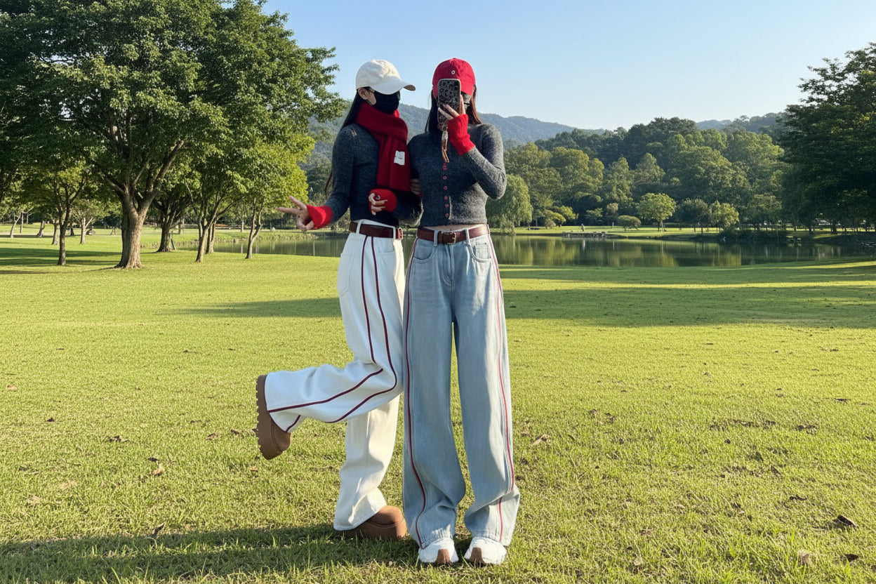 Women Plus Size Loose Denim Slimming High Waist Wide Legs Mop Pants