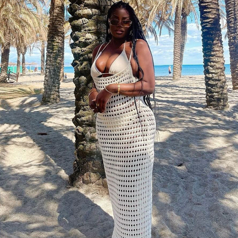 Women's Solid Color Casual Backless Beach Knit Dress