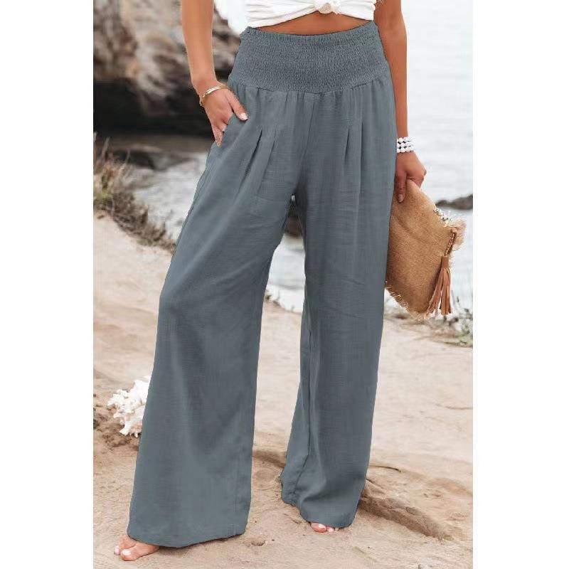 Spring And Summer Women's Clothing Cotton Linen Pure Color Elastic Waist Wide Leg Pants Casual Pants Trousers For Women