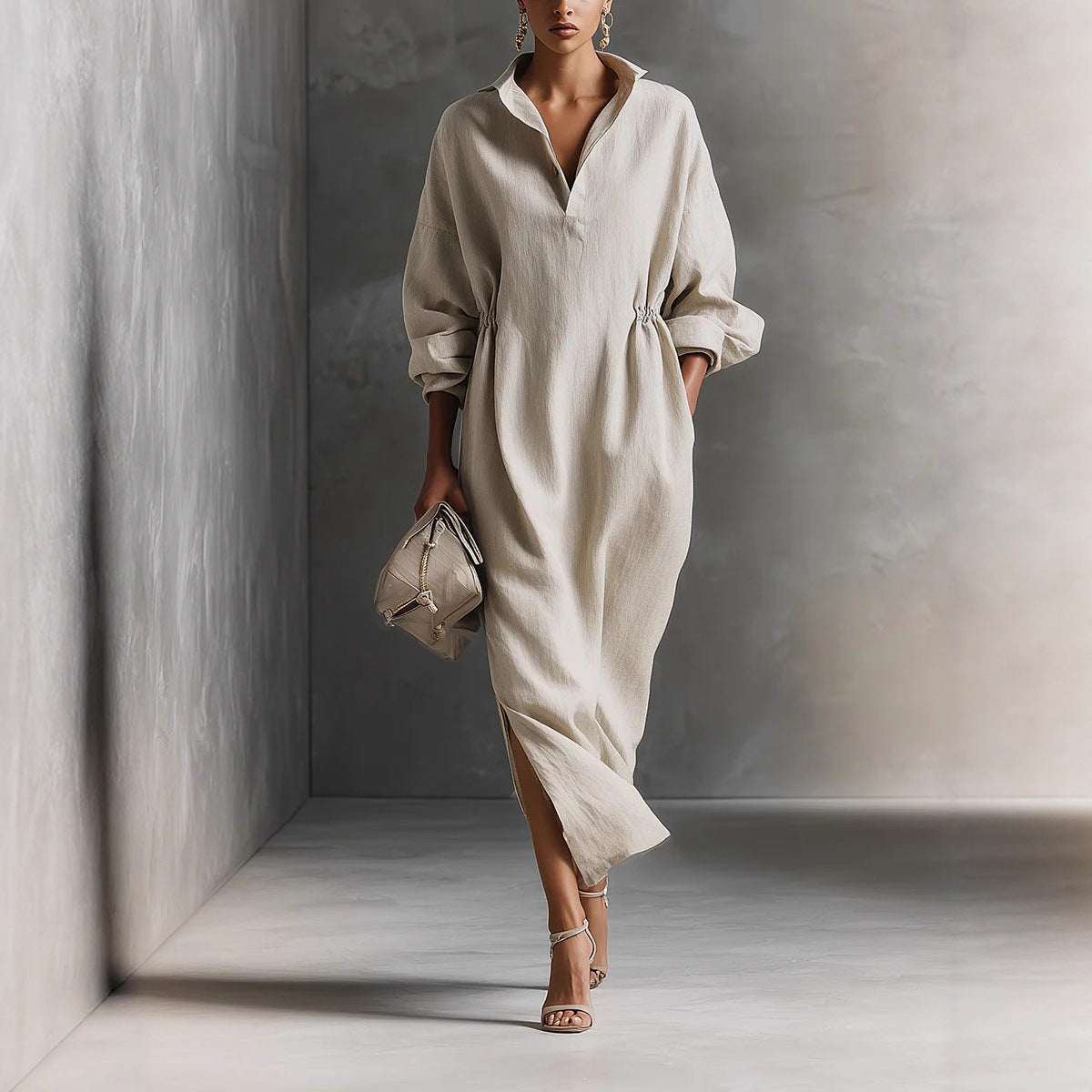 Pleated Maxi Dress with Lapel Detail