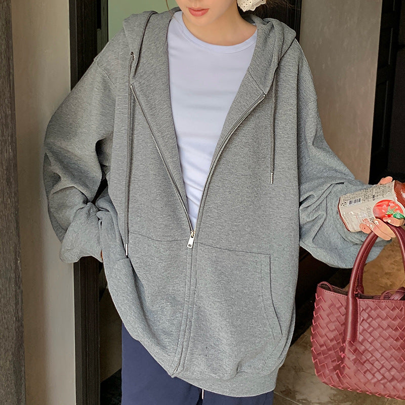 Solid Color Zipper Sweater Coat Women's Style Hooded