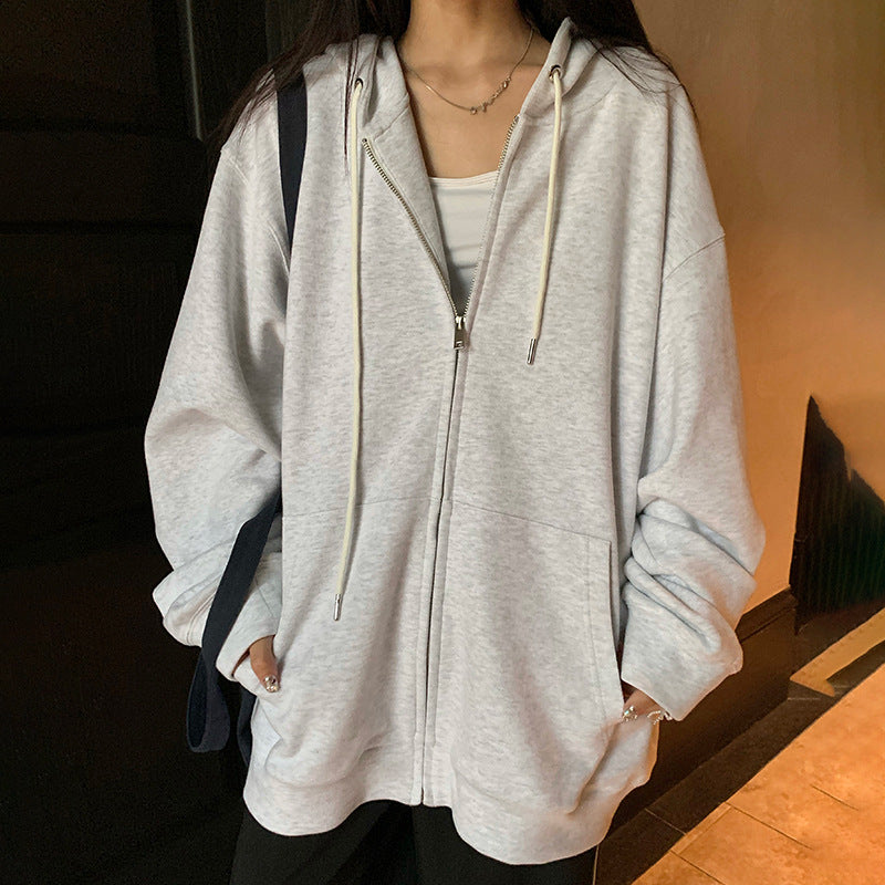 Solid Color Zipper Sweater Coat Women's Style Hooded