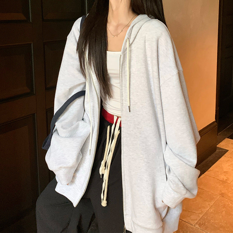 Solid Color Zipper Sweater Coat Women's Style Hooded