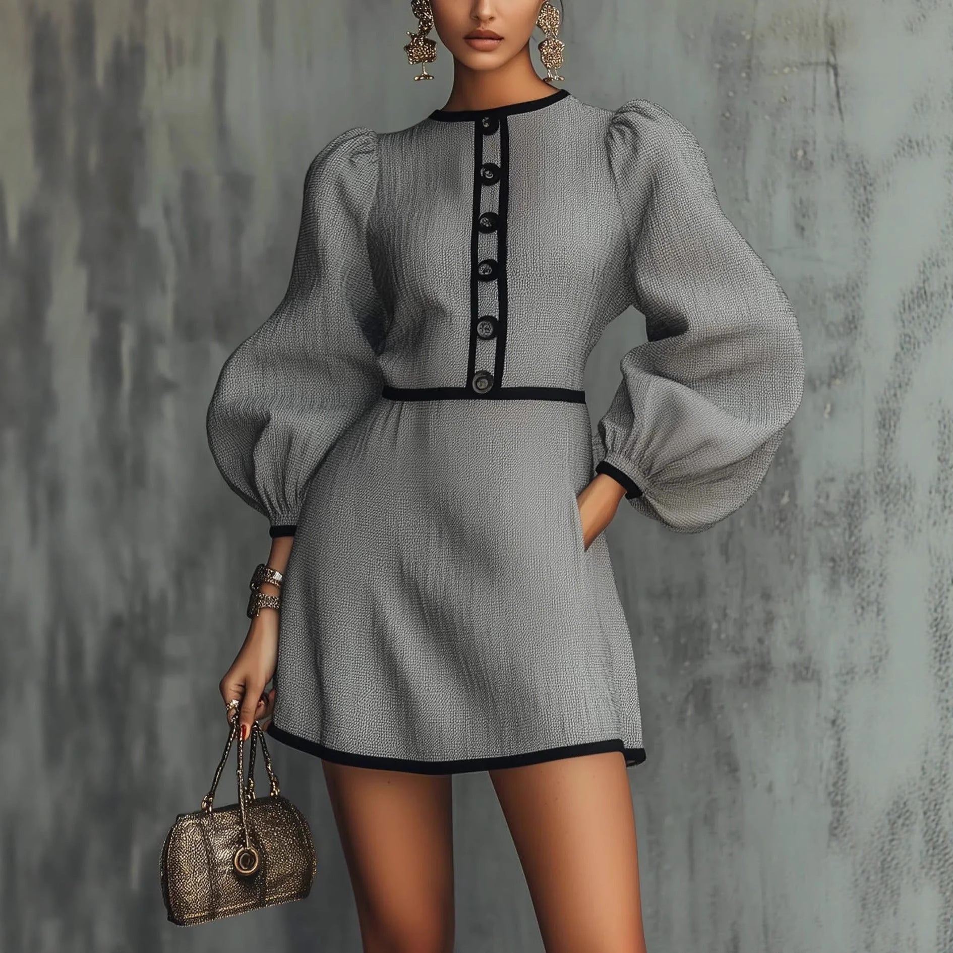 Sophisticated Chanel-inspired Gray Patchwork Knit Dress