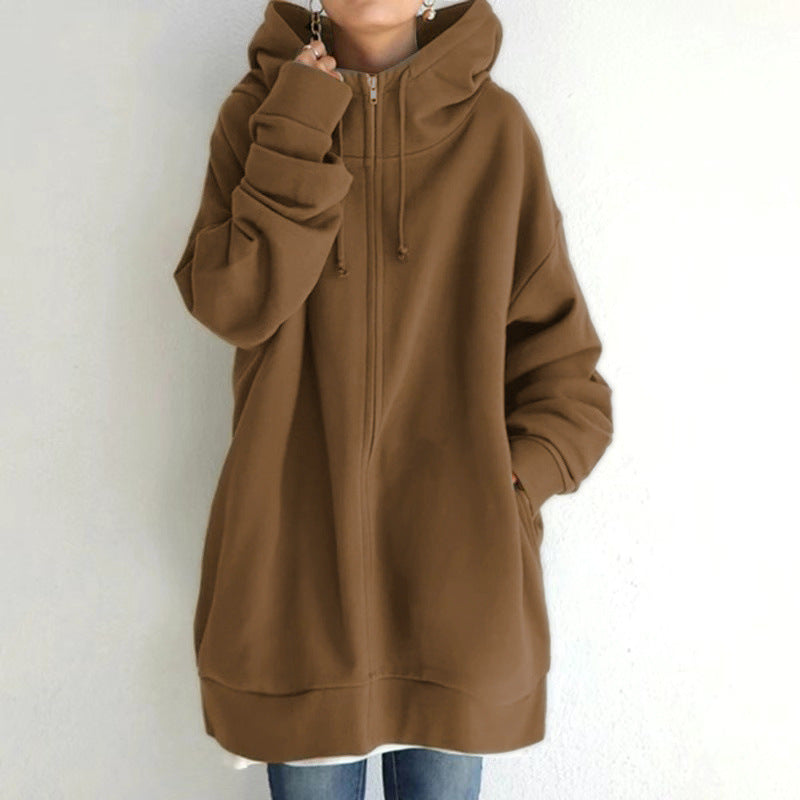 New Stylish Streetwear Long Fleece-lined Hoodie With A Zipper And Hood