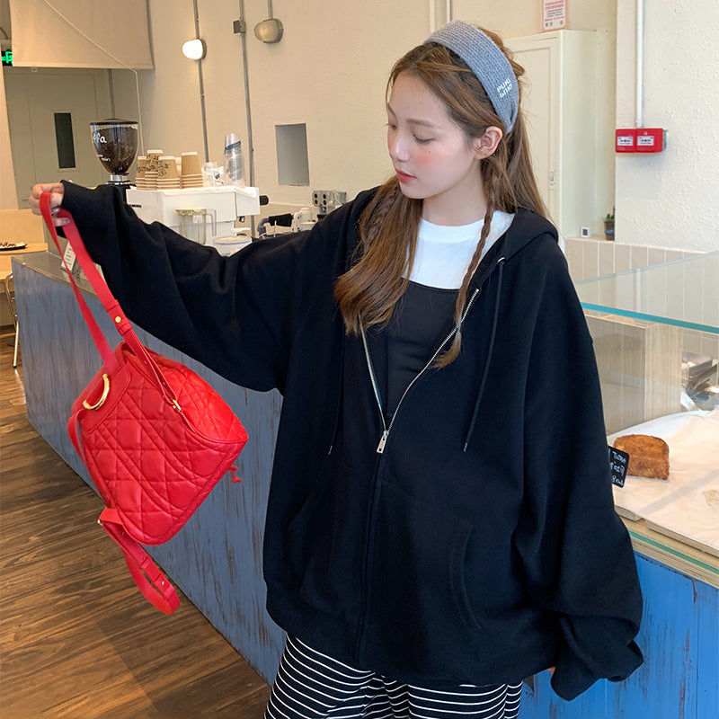 Solid Color Zipper Sweater Coat Women's Style Hooded