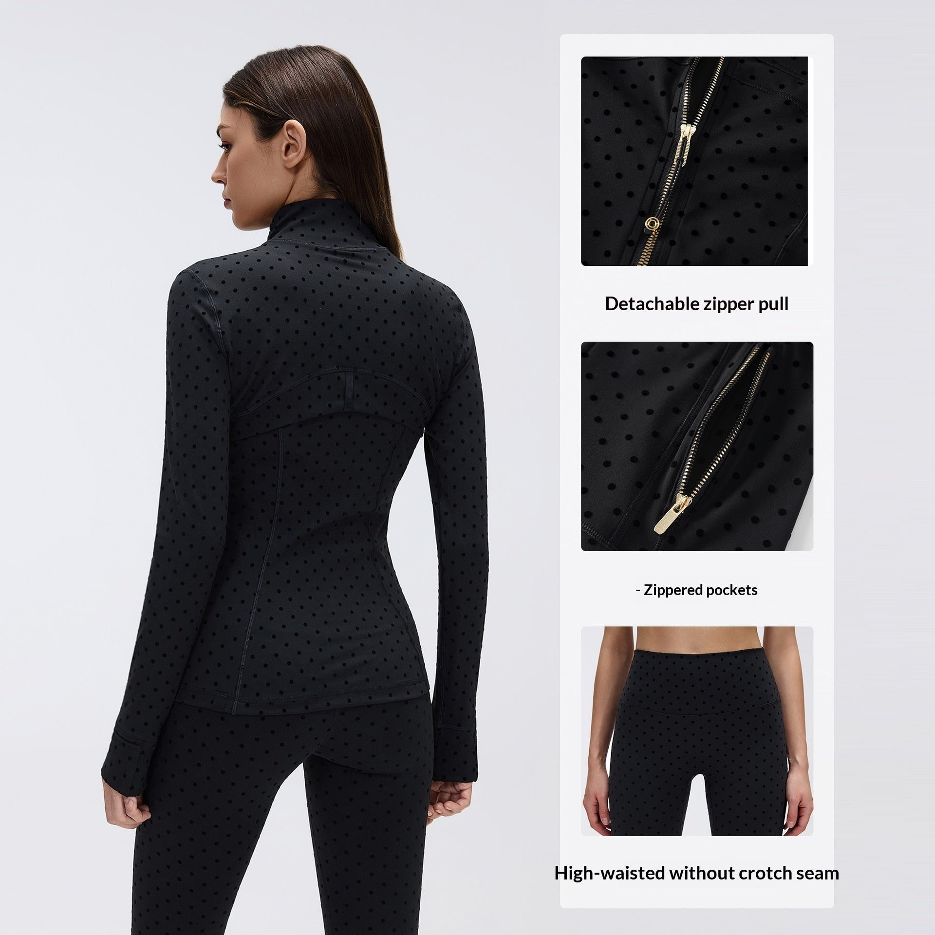 Black Polka-Dot Yoga Leggings And Stand-Up Collar Jacket A Slimming, Figure-Hugging Sportswear Set