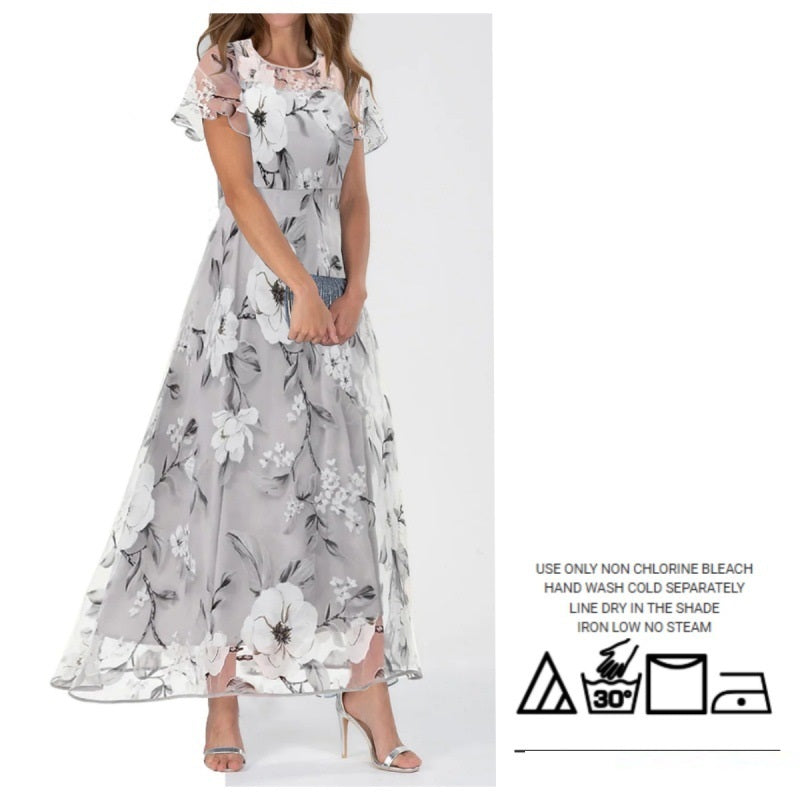 New Womens Round-neck Short-sleeve Long Dress With A Printed Design