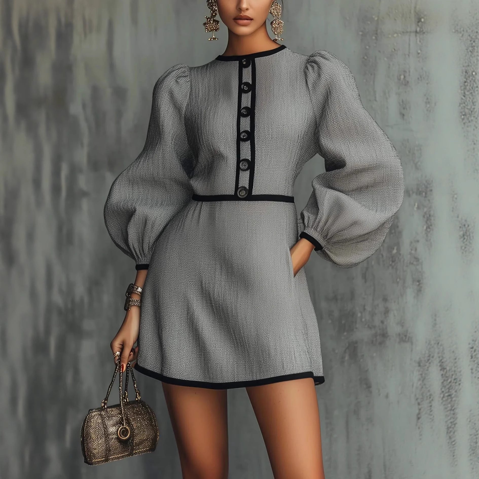 Sophisticated Chanel-inspired Gray Patchwork Knit Dress