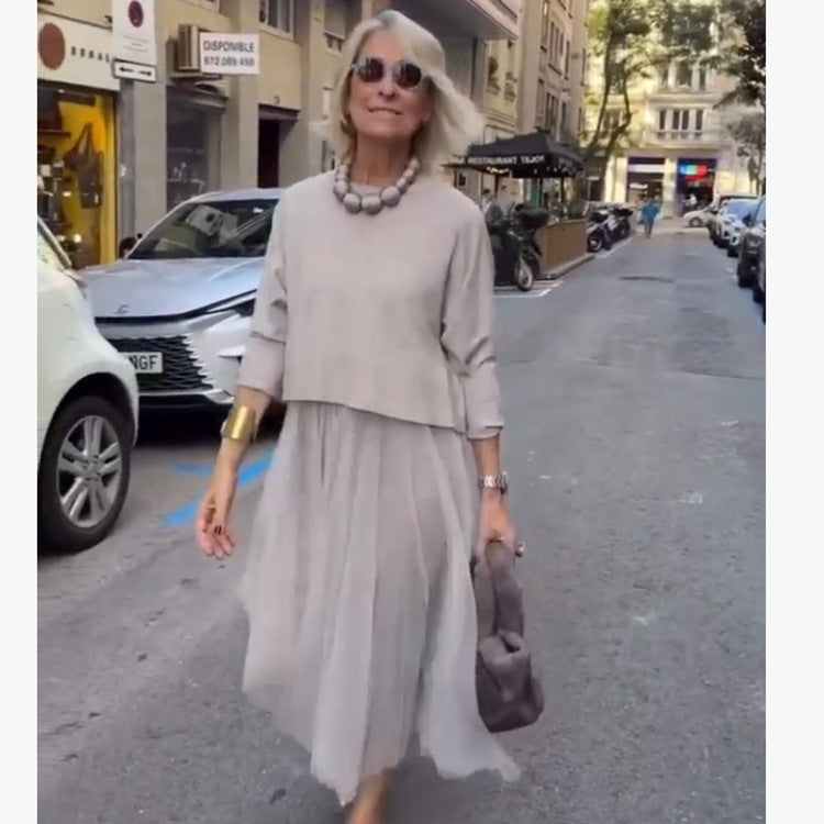 Knitted Round Neck Top Mesh Suspender Dress