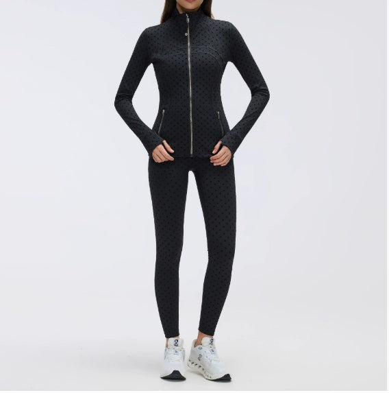 Black Polka-Dot Yoga Leggings And Stand-Up Collar Jacket A Slimming, Figure-Hugging Sportswear Set