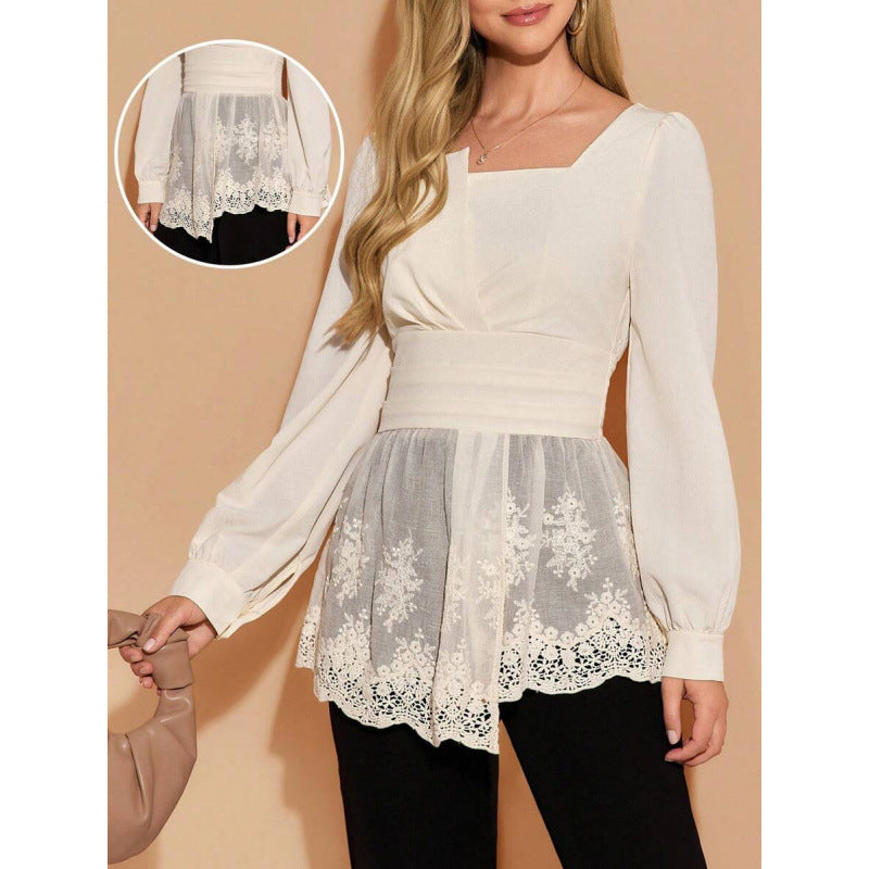 New Solid-color Square-neck Puffed-sleeve Asymmetrical Hem