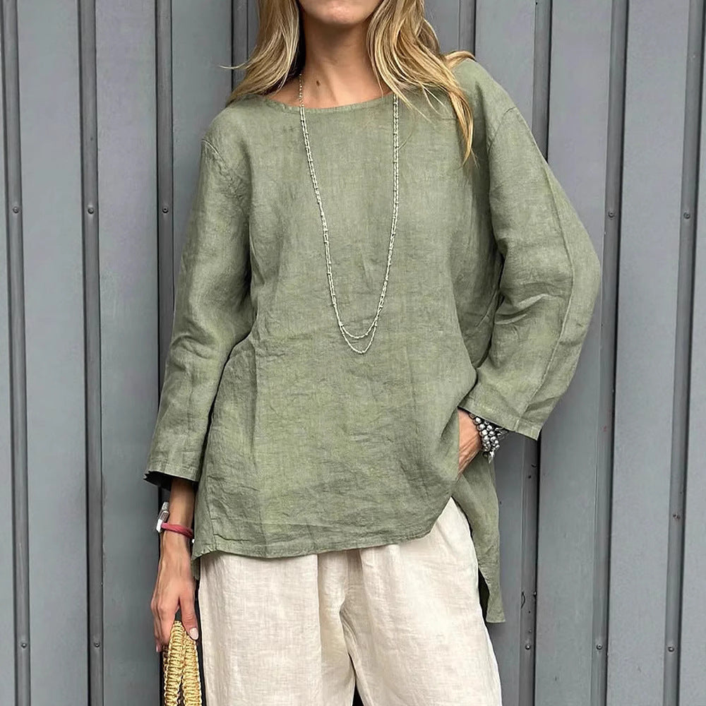 Vintage Cotton-Linen Crew-Neck Long-Sleeve Fashion Blouse For Women
