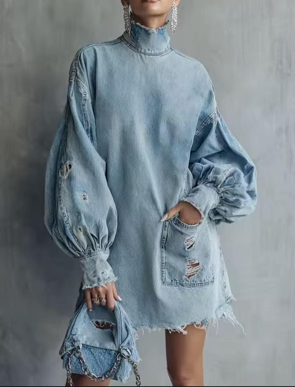 Plus-size Womens Long-sleeve Dress With Ripped Detailing