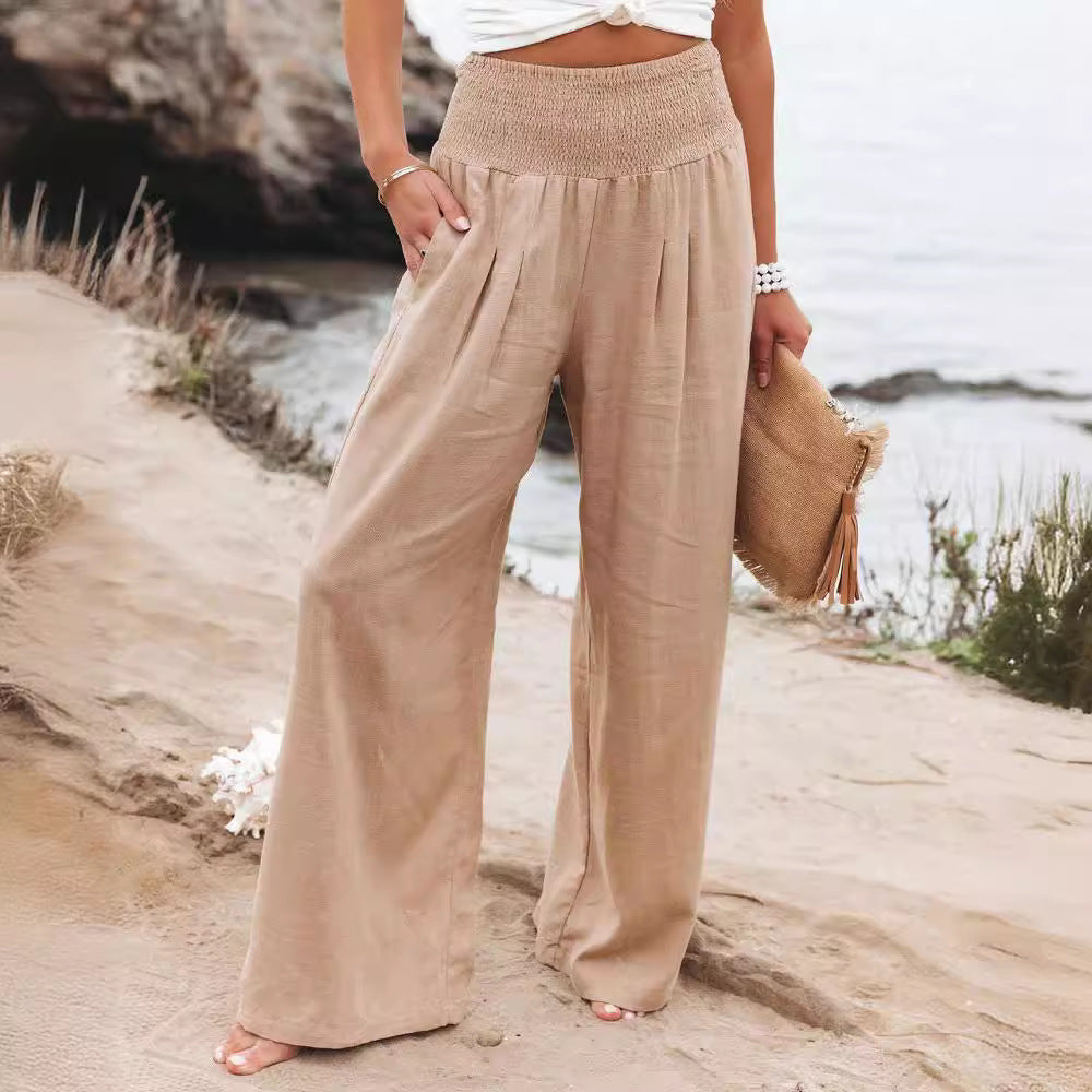 Spring And Summer Women's Clothing Cotton Linen Pure Color Elastic Waist Wide Leg Pants Casual Pants Trousers For Women