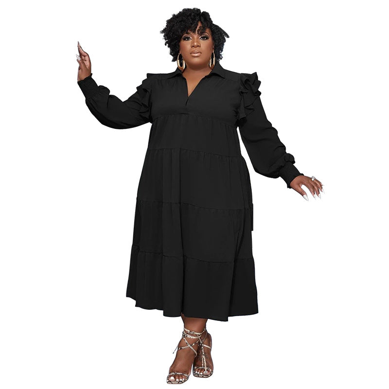 Women's Fashion Ruffle-Shoulder Long-Sleeve Layered Dress