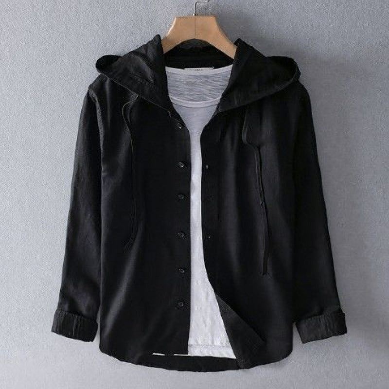 Hooded Long Sleeve Solid Color Shirt Loose Fit Stylish Cotton Linen