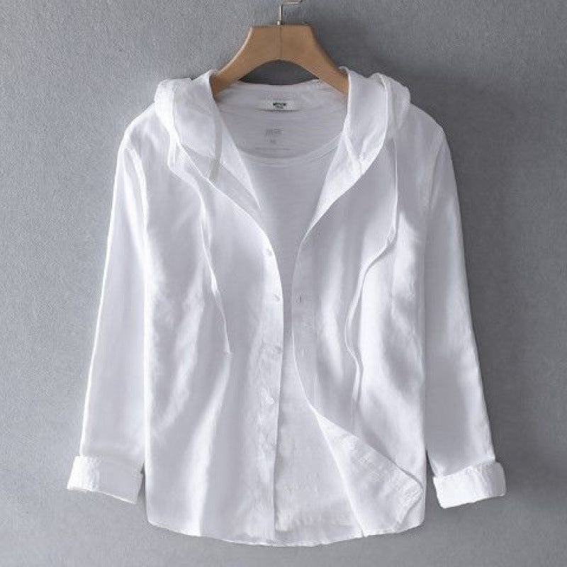 Hooded Long Sleeve Solid Color Shirt Loose Fit Stylish Cotton Linen
