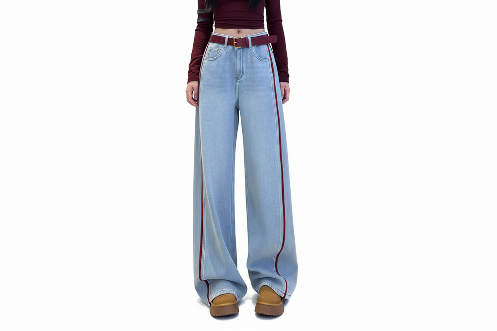 Women Plus Size Loose Denim Slimming High Waist Wide Legs Mop Pants