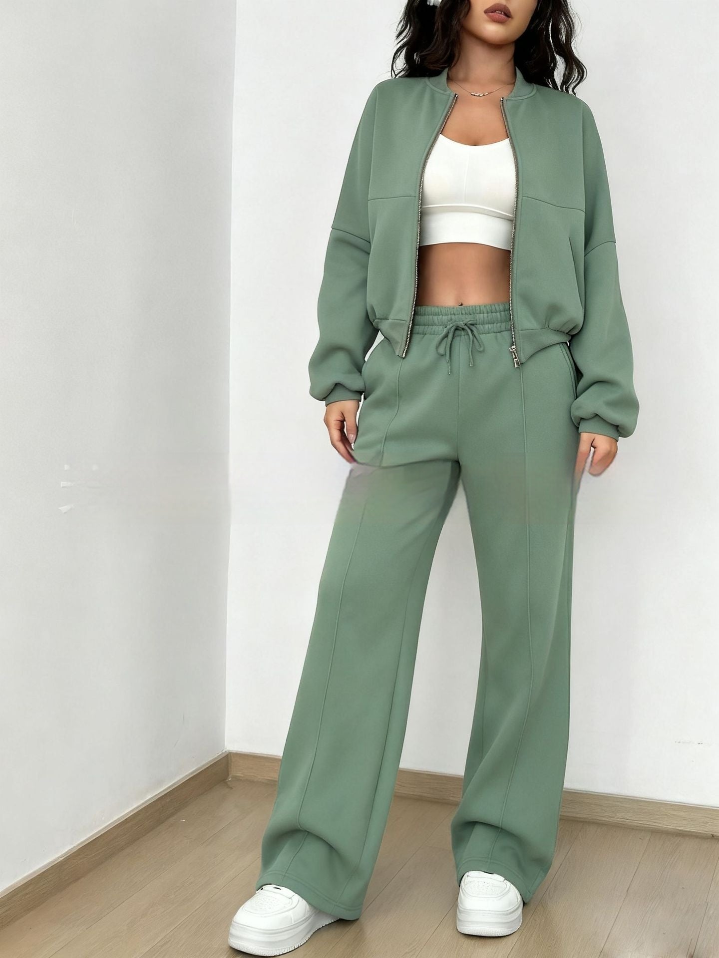 Womens Solid-Color Casual Sweatshirt Set