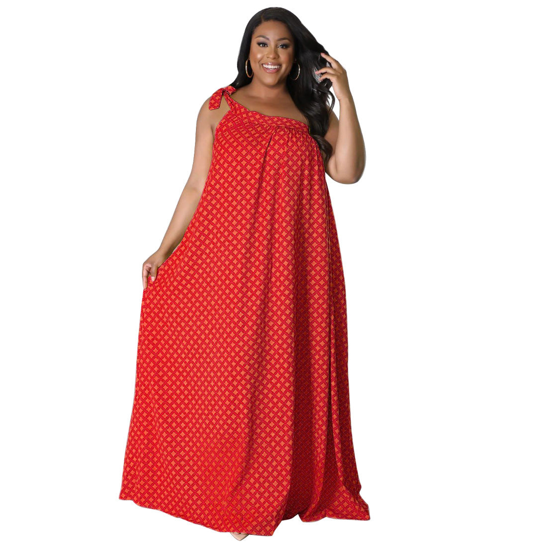 Plus-size Women's Sexy Backless Solid-color Printed One-shoulder Halter Dress