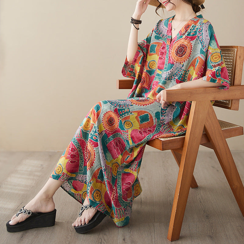 V-neck Loose-fit Bohemian-style Beach Dress With A Retro Vacation Vibe