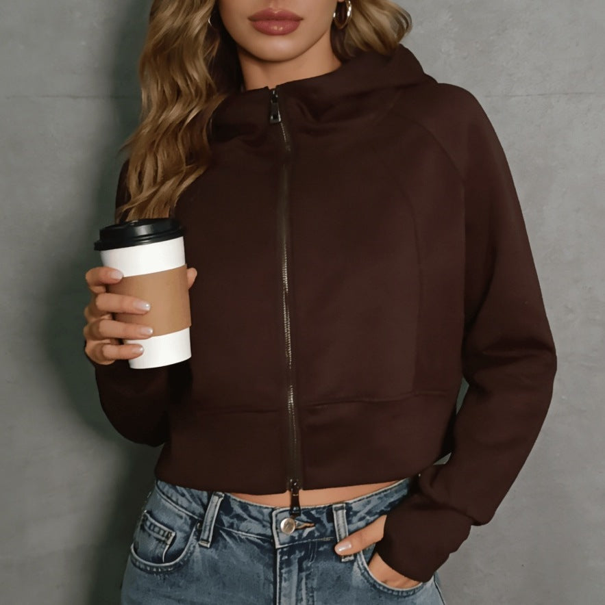 Retro Double Zip Hooded Fleece Lined Sweatshirt Short Cardigan Jacket