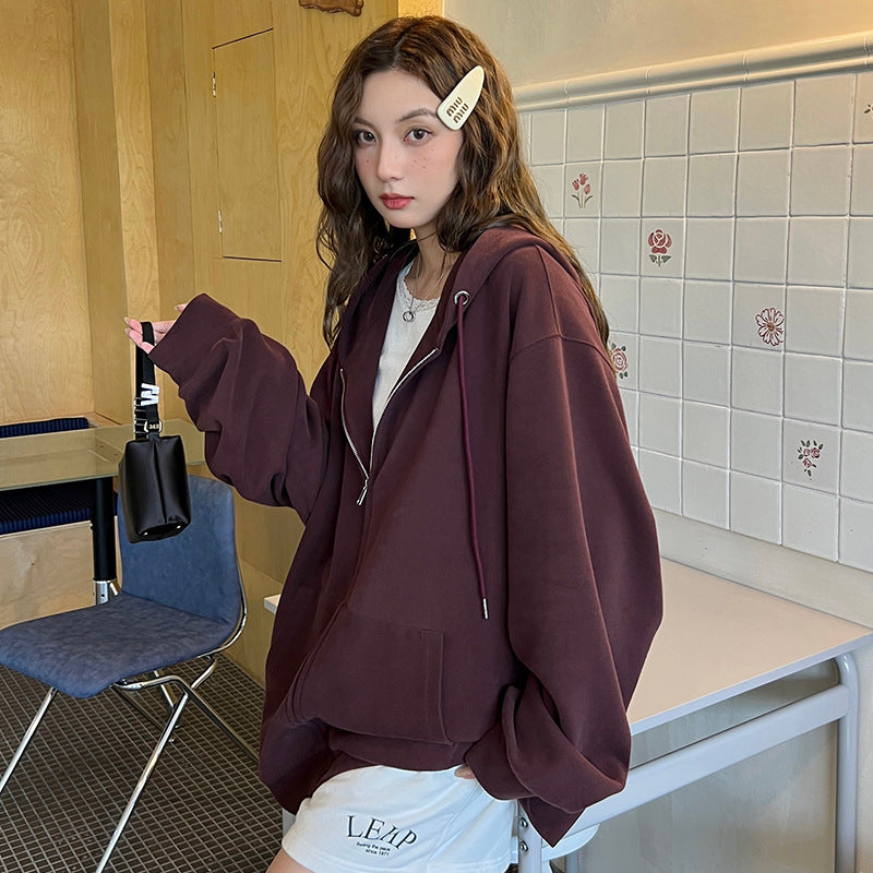 Solid Color Zipper Sweater Coat Women's Style Hooded