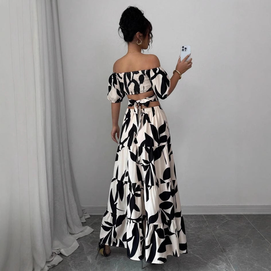 Off-shoulder Sexy Hollow-out Dress Printed Bodycon Dress That Flatters Your Figure And Shows Off Your Waist