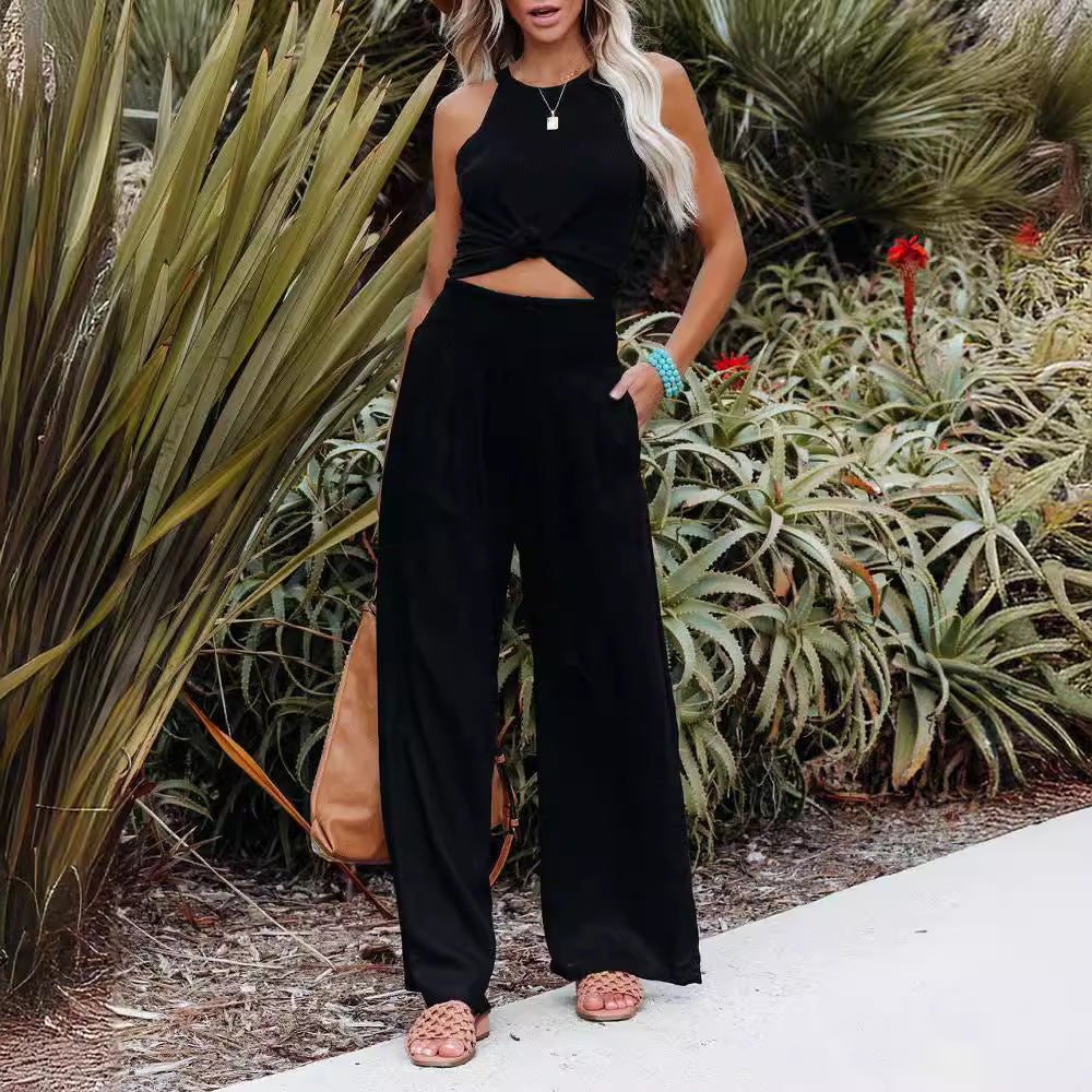 Spring And Summer Women's Clothing Cotton Linen Pure Color Elastic Waist Wide Leg Pants Casual Pants Trousers For Women