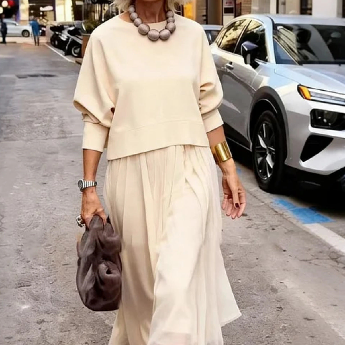 Knitted Round Neck Top Mesh Suspender Dress